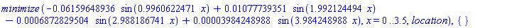 minimize(-0.6159648936e-1*sin(.9960622471*x)+0.1077739351e-1*sin(1.992124494*x)-0.6872829504e-3*sin(2.988186741*x)+0.3984248988e-4*sin(3.984248988*x), x = 0 .. 3.5, location), {}