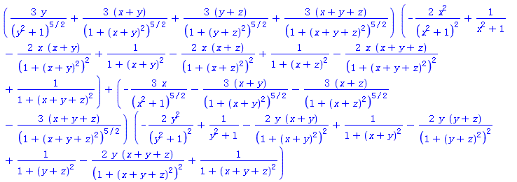 (3*y/(y^2+1)^(5/2)+3*(x+y)/(1+(x+y)^2)^(5/2)+3*(y+z)/(1+(y+z)^2)^(5/2)+3*(x+y+z)/(1+(x+y+z)^2)^(5/2))*(-2*x^2/(x^2+1)^2+1/(x^2+1)-2*x*(x+y)/(1+(x+y)^2)^2+1/(1+(x+y)^2)-2*x*(x+z)/(1+(x+z)^2)^2+1/(1+(x+z)^2)-2*x*(x+y+z)/(1+(x+y+z)^2)^2+1/(1+(x+y+z)^2))+(-3*x/(x^2+1)^(5/2)-3*(x+y)/(1+(x+y)^2)^(5/2)-3*(x+z)/(1+(x+z)^2)^(5/2)-3*(x+y+z)/(1+(x+y+z)^2)^(5/2))*(-2*y^2/(y^2+1)^2+1/(y^2+1)-2*y*(x+y)/(1+(x+y)^2)^2+1/(1+(x+y)^2)-2*y*(y+z)/(1+(y+z)^2)^2+1/(1+(y+z)^2)-2*y*(x+y+z)/(1+(x+y+z)^2)^2+1/(1+(x+y+z)^2))