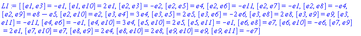 _DG([["LieAlgebra", "L1", [11]], [[[1, 3, 1], -1], [[1, 10, 1], 2], [[2, 3, 2], -1], [[2, 5, 4], 1], [[2, 6, 11], -1], [[2, 7, 1], -1], [[2, 8, 4], -1], [[2, 9, 5], -1], [[2, 9, 8], 1], [[2, 10, 2], 1], [[3, 4, 4], 3], [[3, 5, 5], 2], [[3, 6, 6], -2], [[3, 8, 8], 2], [[3, 9, 9], 1], [[3, 11, 11], -1], [[4, 6, 1], -1], [[4, 10, 4], 3], [[5, 10, 5], 2], [[5, 11, 1], -1], [[6, 8, 7], 1], [[6, 10, 6], -1], [[7, 9, 1], 2], [[7, 10, 7], 1], [[8, 9, 4], 2], [[8, 10, 8], 2], [[9, 10, 9], 1], [[9, 11, 7], -1]]])