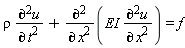 "rho ((&PartialD;)^2u)/((&PartialD;)^( )t^2)+ ((&PartialD;)^2)/((&PartialD;)^( )x^2)(EI ((&PartialD;)^(2)u)/((&PartialD;)^( )x^(2)))=f"