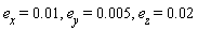 e[x] = 0.1e-1, e[y] = 0.5e-2, e[z] = 0.2e-1