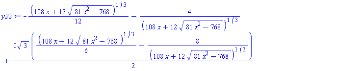 -(1/12)*(108*x+12*(81*x^2-768)^(1/2))^(1/3)-4/(108*x+12*(81*x^2-768)^(1/2))^(1/3)+((1/2)*I)*3^(1/2)*((1/6)*(108*x+12*(81*x^2-768)^(1/2))^(1/3)-8/(108*x+12*(81*x^2-768)^(1/2))^(1/3))