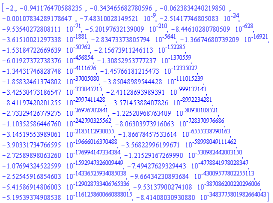 [-2., -.941176470588235, -.343465682780596, -0.623834240219850e-1, -0.107834289178647e-2, -0.748310028149521e-8, -0.251417746805083e-23, -0.953540272808111e-70, -0.520197632139009e-209, -0.844610280780509e-627, -0.361510021297338e-1880, -0.283473373805794e-5640, -0.136674680739209e-16920, -0.153184722669639e-50761, -0.215673911246113e-152284, -0.601927372738376e-456853, -0.130852953777237e-1370558, -0.134431746828748e-4111675, -0.145766181215473e-12335026, -0.185832461374802e-37005079, -0.385048989544428e-111015238, -0.342530473186547e-333045714, -0.241128693989391e-999137142, -0.841197420201255e-2997411427, -0.357145388407826e-8992234280, -0.273329426779275e-26976702840, -0.122520968763409e-80930108520, -0.110352586446760e-242790325561, -0.806303973916063e-728370976685, -0.314519553989061e-2185112930054, -0.186678457533614e-6555338790162, -0.390331734766595e-19666016370487, -0.356822996199671e-58998049111461, -0.272589898063260e-176994147334383, -0.121529167269990e-530982442003149, -0.107694324522599e-1592947326009448, -0.749427629329443e-4778841978028346, -0.252545916854603e-14336525934085037, -0.966434230893684e-43009577802255112, -0.541586914806003e-129028733406765335, -0.953137900274108e-387086200220296005, -0.519539374908538e-1161258600660888014, -0.841408030930880e-3483775801982664042]