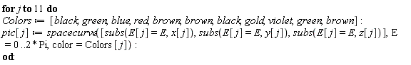 for j to 11 do Colors := [black, green, blue, red, brown, brown, black, gold, violet, green, brown]; pic[j] := spacecurve([subs(E[j] = E, x[j]), subs(E[j] = E, y[j]), subs(E[j] = E, z[j])], E = 0 .. 2*Pi, color = Colors[j]) end do: