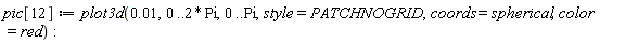 pic[12] := plot3d(0.1e-1, 0 .. 2*Pi, 0 .. Pi, style = PATCHNOGRID, coords = spherical, color = red):
