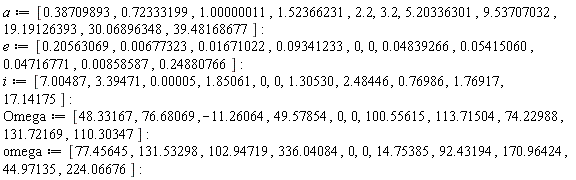 a := [.38709893, .72333199, 1.00000011, 1.52366231, 2.2, 3.2, 5.20336301, 9.53707032, 19.19126393, 30.06896348, 39.48168677]: