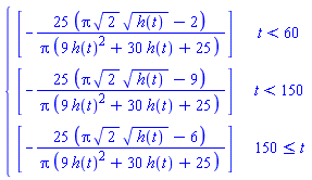 piecewise(t < 60, [-(25*(Pi*sqrt(2)*sqrt(h(t))-2))/(Pi*(9*h(t)^2+30*h(t)+25))], t < 150, [-(25*(Pi*sqrt(2)*sqrt(h(t))-9))/(Pi*(9*h(t)^2+30*h(t)+25))], 150 <= t, [-(25*(Pi*sqrt(2)*sqrt(h(t))-6))/(Pi*(9*h(t)^2+30*h(t)+25))])