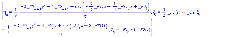 {eta[u](x, y, t, u) = (1/9)*(-2*(diff(diff(diff(_F1(t), t), t), t))*y^2-4*(diff(diff(_F2(t), t), t))*y+6*sigma*(-(3/2)*(diff(_F1(t), t))*u+(1/2)*(diff(diff(_F1(t), t), t))*x+diff(_F3(t), t)))/sigma, xi[t](x, y, t, u) = (3/2)*_F1(t)+_C1, xi[x](x, y, t, u) = (1/6)*(-2*(diff(diff(_F1(t), t), t))*y^2-4*(diff(_F2(t), t))*y+3*sigma*((diff(_F1(t), t))*x+2*_F3(t)))/sigma, xi[y](x, y, t, u) = (diff(_F1(t), t))*y+_F2(t)}
