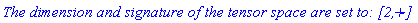 `The dimension and signature of the tensor space are set to: [2, - +] `