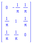 Matrix([[0, -1/Pi, 1/Pi], [1/Pi, 1, 1/Pi], [1/Pi, 1/Pi, 0]])