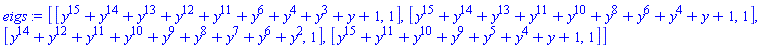 [[y^15+y^14+y^13+y^12+y^11+y^6+y^4+y^3+y+1, 1], [y^15+y^14+y^13+y^11+y^10+y^8+y^6+y^4+y+1, 1], [y^14+y^12+y^11+y^10+y^9+y^8+y^7+y^6+y^2, 1], [y^15+y^11+y^10+y^9+y^5+y^4+y+1, 1]]