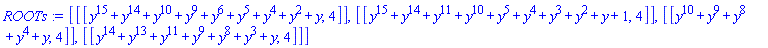 [[[y^15+y^14+y^10+y^9+y^6+y^5+y^4+y^2+y, 4]], [[y^15+y^14+y^11+y^10+y^5+y^4+y^3+y^2+y+1, 4]], [[y^10+y^9+y^8+y^4+y, 4]], [[y^14+y^13+y^11+y^9+y^8+y^3+y, 4]]]