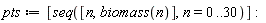 pts := [seq([n, biomass(n)], n = 0 .. 30)]