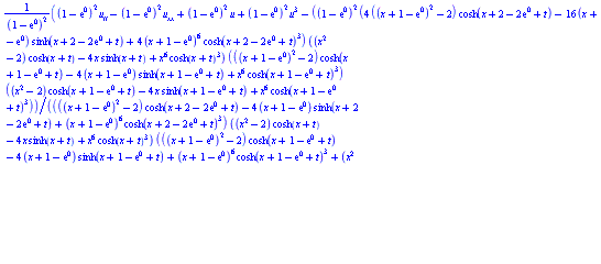 ((1-exp(0))^2*u[tt]-(1-exp(0))^2*u[xx]+(1-exp(0))^2*u+(1-exp(0))^2*u^3-(1-exp(0))^2*(4*((x+1-exp(0))^2-2)*cosh(x+2-2*exp(0)+t)-16*(x+1-exp(0))*sinh(x+2-2*exp(0)+t)+4*(x+1-exp(0))^6*cosh(x+2-2*exp(0)+t)^3)*((x^2-2)*cosh(x+t)-4*x*sinh(x+t)+x^6*cosh(x+t)^3)*(((x+1-exp(0))^2-2)*cosh(x+1-exp(0)+t)-4*(x+1-exp(0))*sinh(x+1-exp(0)+t)+x^6*cosh(x+1-exp(0)+t)^3)*((x^2-2)*cosh(x+1-exp(0)+t)-4*x*sinh(x+1-exp(0)+t)+x^6*cosh(x+1-exp(0)+t)^3)/((((x+1-exp(0))^2-2)*cosh(x+2-2*exp(0)+t)-4*(x+1-exp(0))*sinh(x+2-2*exp(0)+t)+(x+1-exp(0))^6*cosh(x+2-2*exp(0)+t)^3)*((x^2-2)*cosh(x+t)-4*x*sinh(x+t)+x^6*cosh(x+t)^3)*(((x+1-exp(0))^2-2)*cosh(x+1-exp(0)+t)-4*(x+1-exp(0))*sinh(x+1-exp(0)+t)+(x+1-exp(0))^6*cosh(x+1-exp(0)+t)^3+(x^2-2)*cosh(x+1-exp(0)+t)-4*x*sinh(x+1-exp(0)+t)+x^6*cosh(x+1-exp(0)+t)^3)+(((x+1-exp(0))^2-2)*cosh(x+1-exp(0)+t)-4*(x+1-exp(0))*sinh(x+1-exp(0)+t)+(x+1-exp(0))^6*cosh(x+1-exp(0)+t)^3)*((x^2-2)*cosh(x+1-exp(0)+t)-4*x*sinh(x+1-exp(0)+t)+x^6*cosh(x+1-exp(0)+t)^3)*(((x+1-exp(0))^2-2)*cosh(x+2-2*exp(0)+t)-4*(x+1-exp(0))*sinh(x+2-2*exp(0)+t)+(x+1-exp(0))^6*cosh(x+2-2*exp(0)+t)^3+(x^2-2)*cosh(x+t)-4*x*sinh(x+t)+x^6*cosh(x+t)^3)))/(1-exp(0))^2