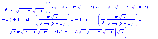 -(1/6)*(3*3^(1/2)*(2-m)^(1/2)*(-m)^(1/2)*ln(3)+3*3^(1/2)*(2-m)^(1/2)*(-m)^(1/2)*ln(1+m)+18*arctanh(m*3^(1/2)/(-m*(2-m))^(1/2))*m-18*arctanh((1/3)*m*3^(1/2)/(-m*(2-m))^(1/2))*m+2*3^(1/2)*m*(2-m)^(1/2)*(-m)^(1/2)-3*ln(-m+3)*3^(1/2)*(2-m)^(1/2)*(-m)^(1/2))*3^(1/2)/(m^3*(2-m)^(1/2)*(-m)^(1/2))