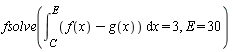 fsolve(int(f(x)-g(x), x = C .. E) = 3, E = 30)