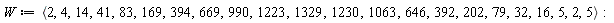 W := `<,>`(2, 4, 14, 41, 83, 169, 394, 669, 990, 1223, 1329, 1230, 1063, 646, 392, 202, 79, 32, 16, 5, 2, 5)