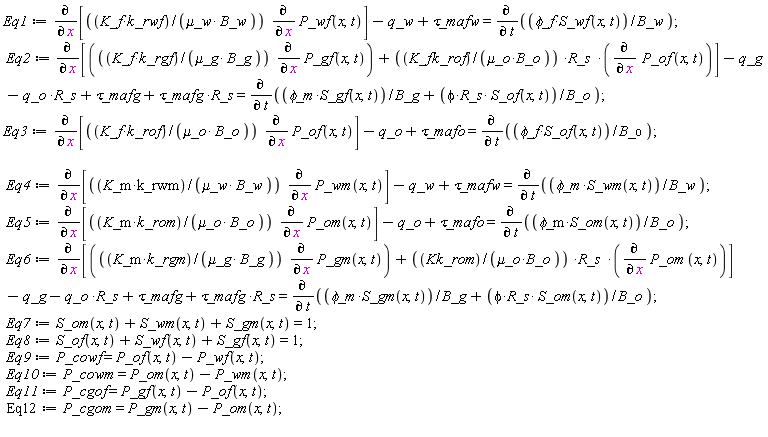 Eq1 := diff([K_f*k_rwf*(diff(P_wf(x, t), x))/(`&mu;_w`*B_w)], x)-q_w+`&tau;_mafw` = diff(`&phi;_f`*S_wf(x, t)/B_w, t);