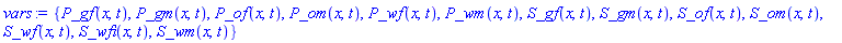 {P_gf(x, t), P_gm(x, t), P_of(x, t), P_om(x, t), P_wf(x, t), P_wm(x, t), S_gf(x, t), S_gm(x, t), S_of(x, t), S_om(x, t), S_wf(x, t), S_wfi(x, t), S_wm(x, t)}