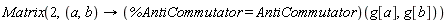 Matrix(2, proc (a, b) options operator, arrow; (%AntiCommutator = AntiCommutator)(g[a], g[b]) end proc)