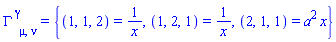 Physics:-Christoffel[`~gamma`, mu, nu] = {(1, 1, 2) = 1/x, (1, 2, 1) = 1/x, (2, 1, 1) = a^2*x}