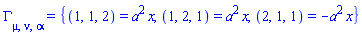 Physics:-Christoffel[mu, nu, alpha] = {(1, 1, 2) = a^2*x, (1, 2, 1) = a^2*x, (2, 1, 1) = -a^2*x}