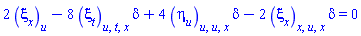 2*(diff(xi[x](x, t, u), u))-8*(diff(diff(diff(xi[t](x, t, u), t), u), x))*delta+4*(diff(diff(diff(eta[u](x, t, u), u), u), x))*delta-2*(diff(diff(diff(xi[x](x, t, u), u), x), x))*delta = 0