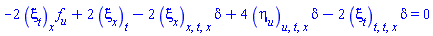 -2*(diff(xi[t](x, t, u), x))*(diff(f(u), u))+2*(diff(xi[x](x, t, u), t))-2*(diff(diff(diff(xi[x](x, t, u), t), x), x))*delta+4*(diff(diff(diff(eta[u](x, t, u), t), u), x))*delta-2*(diff(diff(diff(xi[t](x, t, u), t), t), x))*delta = 0