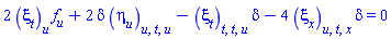 2*(diff(xi[t](x, t, u), u))*(diff(f(u), u))+2*delta*(diff(diff(diff(eta[u](x, t, u), t), u), u))-(diff(diff(diff(xi[t](x, t, u), t), t), u))*delta-4*(diff(diff(diff(xi[x](x, t, u), t), u), x))*delta = 0
