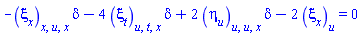 -(diff(diff(diff(xi[x](x, t, u), u), x), x))*delta-4*(diff(diff(diff(xi[t](x, t, u), t), u), x))*delta+2*(diff(diff(diff(eta[u](x, t, u), u), u), x))*delta-2*(diff(xi[x](x, t, u), u)) = 0