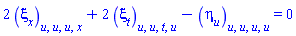 2*(diff(diff(diff(diff(xi[x](x, t, u), u), u), u), x))+2*(diff(diff(diff(diff(xi[t](x, t, u), t), u), u), u))-(diff(diff(diff(diff(eta[u](x, t, u), u), u), u), u)) = 0