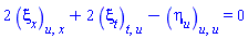 2*(diff(diff(xi[x](x, t, u), u), x))+2*(diff(diff(xi[t](x, t, u), t), u))-(diff(diff(eta[u](x, t, u), u), u)) = 0