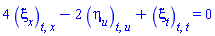 4*(diff(diff(xi[x](x, t, u), t), x))-2*(diff(diff(eta[u](x, t, u), t), u))+diff(diff(xi[t](x, t, u), t), t) = 0