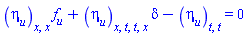 (diff(diff(eta[u](x, t, u), x), x))*(diff(f(u), u))+(diff(diff(diff(diff(eta[u](x, t, u), t), t), x), x))*delta-(diff(diff(eta[u](x, t, u), t), t)) = 0