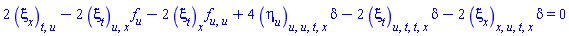 2*(diff(diff(xi[x](x, t, u), t), u))-2*(diff(diff(xi[t](x, t, u), u), x))*(diff(f(u), u))-2*(diff(xi[t](x, t, u), x))*(diff(diff(f(u), u), u))+4*(diff(diff(diff(diff(eta[u](x, t, u), t), u), u), x))*delta-2*(diff(diff(diff(diff(xi[t](x, t, u), t), t), u), x))*delta-2*(diff(diff(diff(diff(xi[x](x, t, u), t), u), x), x))*delta = 0