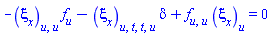 -(diff(diff(xi[x](x, t, u), u), u))*(diff(f(u), u))-(diff(diff(diff(diff(xi[x](x, t, u), t), t), u), u))*delta+(diff(diff(f(u), u), u))*(diff(xi[x](x, t, u), u)) = 0