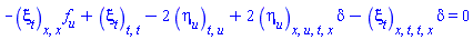 -(diff(diff(xi[t](x, t, u), x), x))*(diff(f(u), u))+diff(diff(xi[t](x, t, u), t), t)-2*(diff(diff(eta[u](x, t, u), t), u))+2*(diff(diff(diff(diff(eta[u](x, t, u), t), u), x), x))*delta-(diff(diff(diff(diff(xi[t](x, t, u), t), t), x), x))*delta = 0