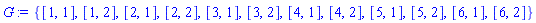 {[1, 1], [1, 2], [2, 1], [2, 2], [3, 1], [3, 2], [4, 1], [4, 2], [5, 1], [5, 2], [6, 1], [6, 2]}
