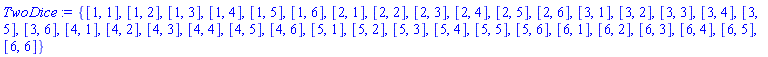 {[1, 1], [1, 2], [1, 3], [1, 4], [1, 5], [1, 6], [2, 1], [2, 2], [2, 3], [2, 4], [2, 5], [2, 6], [3, 1], [3, 2], [3, 3], [3, 4], [3, 5], [3, 6], [4, 1], [4, 2], [4, 3], [4, 4], [4, 5], [4, 6], [5, 1], [5, 2], [5, 3], [5, 4], [5, 5], [5, 6], [6, 1], [6, 2], [6, 3], [6, 4], [6, 5], [6, 6]}