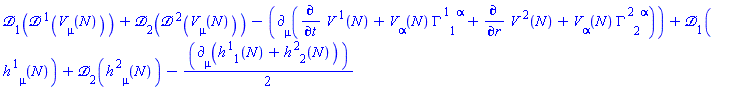 Physics:-D_[1](Physics:-D_[`~1`](V[mu](N)), [N])+Physics:-D_[2](Physics:-D_[`~2`](V[mu](N)), [N])-Physics:-d_[mu](diff(V[`~1`](N), t)+V[alpha](N)*Physics:-Christoffel[`~1`, 1, `~alpha`]+diff(V[`~2`](N), r)+V[alpha](N)*Physics:-Christoffel[`~2`, 2, `~alpha`], [N])+Physics:-D_[1](h[`~1`, mu](N), [N])+Physics:-D_[2](h[`~2`, mu](N), [N])-(1/2)*Physics:-d_[mu](h[`~1`, 1](N)+h[`~2`, 2](N), [N])