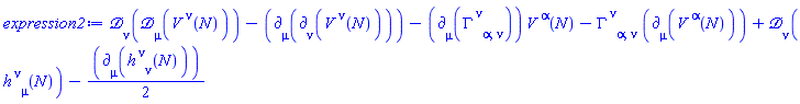 Physics:-D_[nu](Physics:-D_[mu](V[`~nu`](N)), [N])-Physics:-d_[mu](Physics:-d_[nu](V[`~nu`](N), [N]), [N])-Physics:-d_[mu](Physics:-Christoffel[`~nu`, alpha, nu], [N])*V[`~alpha`](N)-Physics:-Christoffel[`~nu`, alpha, nu]*Physics:-d_[mu](V[`~alpha`](N), [N])+Physics:-D_[nu](h[`~nu`, mu](N), [N])-(1/2)*Physics:-d_[mu](h[`~nu`, nu](N), [N])