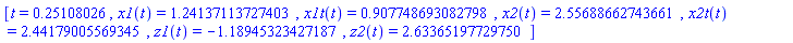 [t = .25108026, x1(t) = 1.24137113727403, x1t(t) = .907748693082798, x2(t) = 2.55688662743661, x2t(t) = 2.44179005569345, z1(t) = -1.18945323427187, z2(t) = 2.63365197729750]