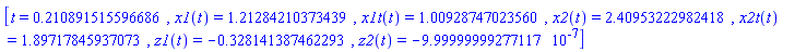 [t = .210891515596686, x1(t) = 1.21284210373439, x1t(t) = 1.00928747023560, x2(t) = 2.40953222982418, x2t(t) = 1.89717845937073, z1(t) = -.328141387462293, z2(t) = -0.999999999277117e-6]