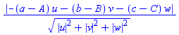 abs(-(a-A)*u-(b-B)*v-(c-C)*w)/(abs(u)^2+abs(v)^2+abs(w)^2)^(1/2)