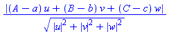 abs((A-a)*u+(B-b)*v+(C-c)*w)/(abs(u)^2+abs(v)^2+abs(w)^2)^(1/2)
