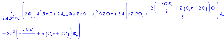 (1/2)*(2*(diff(diff(Phi(r), r), r))*A(r)^2*B(r)*r*C(r)+2*(diff(diff(A(r), r), r))*Phi(r)*A(r)*B(r)*r*C(r)+(diff(A(r), r))^2*C(r)*B(r)*Phi(r)*r+5*A(r)*(r*B(r)*C(r)*(diff(Phi(r), r))+(2/5)*(-(1/2)*r*C(r)*(diff(B(r), r))+B(r)*((diff(C(r), r))*r+2*C(r)))*Phi(r))*(diff(A(r), r))+2*A(r)^2*(-(1/2)*r*C(r)*(diff(B(r), r))+B(r)*((diff(C(r), r))*r+2*C(r)))*(diff(Phi(r), r)))/(A(r)*B(r)^2*r*C(r))