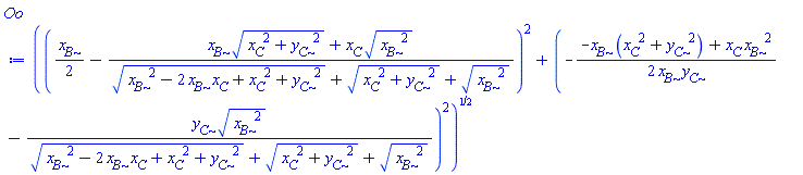 (((1/2)*x__B-(x__B*(x__C^2+y__C^2)^(1/2)+x__C*(x__B^2)^(1/2))/((x__B^2-2*x__B*x__C+x__C^2+y__C^2)^(1/2)+(x__C^2+y__C^2)^(1/2)+(x__B^2)^(1/2)))^2+(-(1/2)*(-x__B*(x__C^2+y__C^2)+x__C*x__B^2)/(x__B*y__C)-y__C*(x__B^2)^(1/2)/((x__B^2-2*x__B*x__C+x__C^2+y__C^2)^(1/2)+(x__C^2+y__C^2)^(1/2)+(x__B^2)^(1/2)))^2)^(1/2)