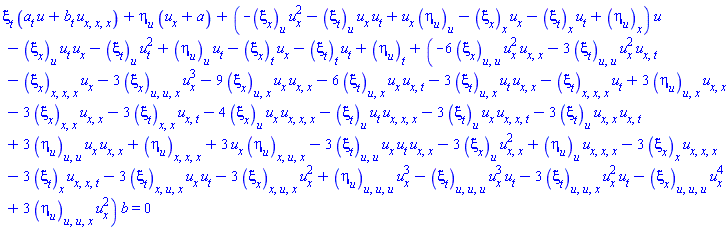 xi[t](x, t, u)*((diff(a(t), t))*u+(diff(b(t), t))*u[x, x, x])+eta[u](x, t, u)*(u[x]+a(t))+(-(diff(xi[x](x, t, u), u))*u[x]^2-(diff(xi[t](x, t, u), u))*u[x]*u[t]+u[x]*(diff(eta[u](x, t, u), u))-(diff(xi[x](x, t, u), x))*u[x]-(diff(xi[t](x, t, u), x))*u[t]+diff(eta[u](x, t, u), x))*u-(diff(xi[x](x, t, u), u))*u[t]*u[x]-(diff(xi[t](x, t, u), u))*u[t]^2+(diff(eta[u](x, t, u), u))*u[t]-(diff(xi[x](x, t, u), t))*u[x]-(diff(xi[t](x, t, u), t))*u[t]+diff(eta[u](x, t, u), t)+(-3*(diff(diff(xi[t](x, t, u), u), u))*u[x]*u[t]*u[x, x]-3*(diff(xi[t](x, t, u), u))*u[x, x]*u[x, t]-4*(diff(xi[x](x, t, u), u))*u[x]*u[x, x, x]-(diff(xi[t](x, t, u), u))*u[t]*u[x, x, x]-3*(diff(xi[t](x, t, u), u))*u[x]*u[x, x, t]-(diff(diff(diff(xi[t](x, t, u), u), u), u))*u[x]^3*u[t]-6*(diff(diff(xi[x](x, t, u), u), u))*u[x]^2*u[x, x]-3*(diff(diff(xi[t](x, t, u), u), u))*u[x]^2*u[x, t]+3*(diff(diff(eta[u](x, t, u), u), u))*u[x]*u[x, x]-3*(diff(diff(diff(xi[t](x, t, u), u), u), x))*u[x]^2*u[t]-3*(diff(diff(diff(xi[t](x, t, u), u), x), x))*u[x]*u[t]-9*(diff(diff(xi[x](x, t, u), u), x))*u[x]*u[x, x]-6*(diff(diff(xi[t](x, t, u), u), x))*u[x]*u[x, t]-3*(diff(diff(xi[t](x, t, u), u), x))*u[t]*u[x, x]+diff(diff(diff(eta[u](x, t, u), x), x), x)-3*(diff(xi[x](x, t, u), u))*u[x, x]^2+(diff(eta[u](x, t, u), u))*u[x, x, x]-3*(diff(xi[x](x, t, u), x))*u[x, x, x]-3*(diff(xi[t](x, t, u), x))*u[x, x, t]-3*(diff(diff(diff(xi[x](x, t, u), u), u), x))*u[x]^3-3*(diff(diff(diff(xi[x](x, t, u), u), x), x))*u[x]^2+3*(diff(diff(diff(eta[u](x, t, u), u), u), x))*u[x]^2+3*u[x]*(diff(diff(diff(eta[u](x, t, u), u), x), x))-(diff(diff(diff(xi[x](x, t, u), x), x), x))*u[x]-(diff(diff(diff(xi[t](x, t, u), x), x), x))*u[t]+3*(diff(diff(eta[u](x, t, u), u), x))*u[x, x]-3*(diff(diff(xi[x](x, t, u), x), x))*u[x, x]-3*(diff(diff(xi[t](x, t, u), x), x))*u[x, t]-(diff(diff(diff(xi[x](x, t, u), u), u), u))*u[x]^4+(diff(diff(diff(eta[u](x, t, u), u), u), u))*u[x]^3)*b(t) = 0