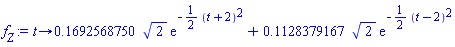 proc (t) options operator, arrow; .1692568750*2^(1/2)*exp(-(1/2)*(t+2)^2)+.1128379167*2^(1/2)*exp(-(1/2)*(t-2)^2) end proc