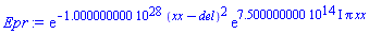 exp(-0.1000000000e29*(xx-del)^2)*exp((0.7500000000e15*I)*pi*xx)